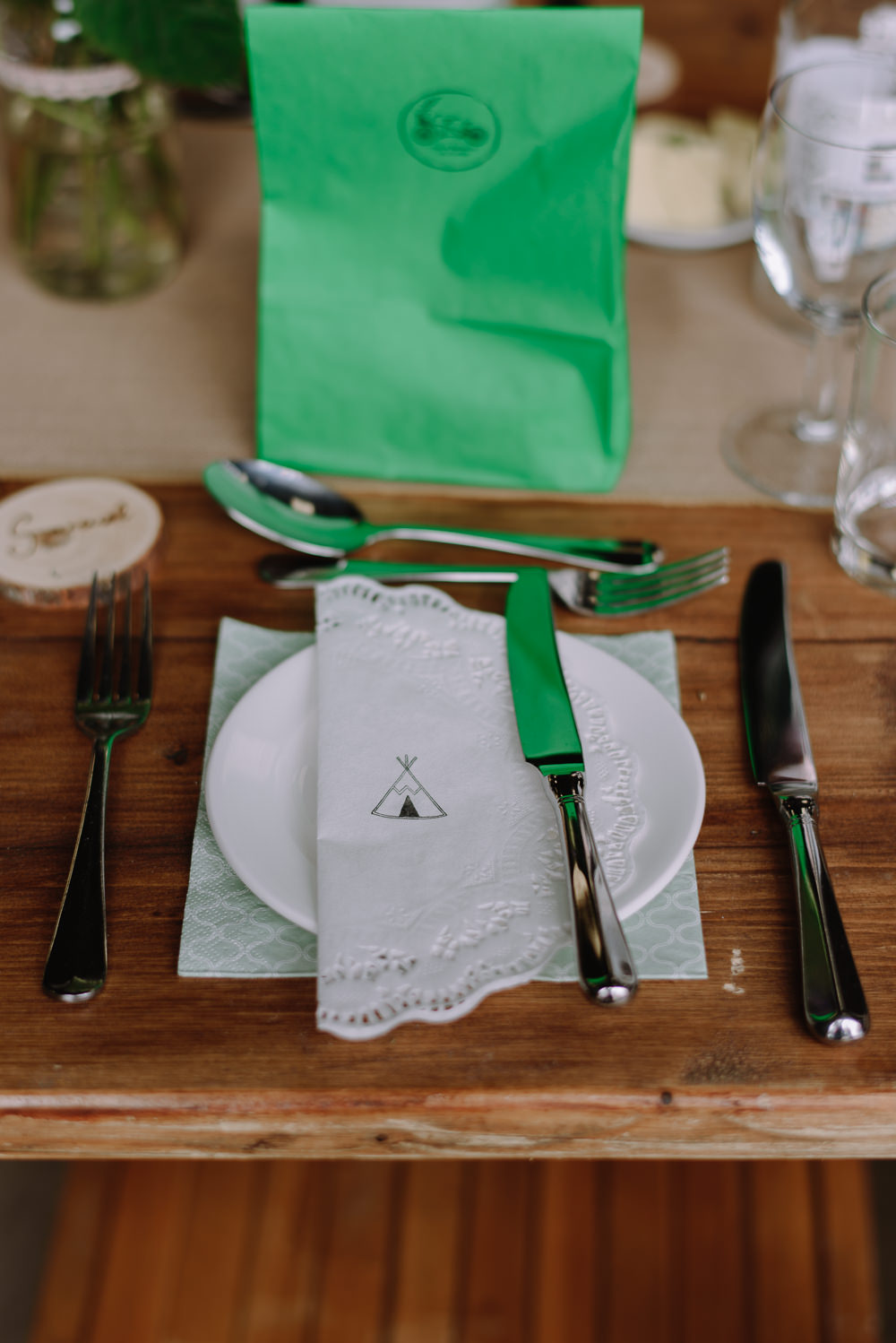 Place Setting Doily Tipi Green Goodie Bag Boho Festival Wedding Matt Bowen Photography