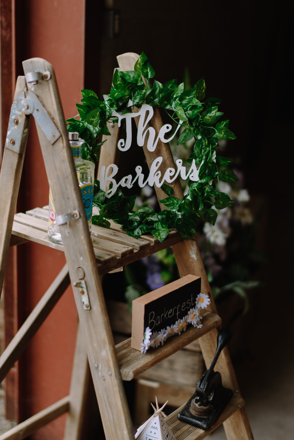 Wooden Ladder Decor Sign Greenery Foliage Boho Festival Wedding Matt Bowen Photography