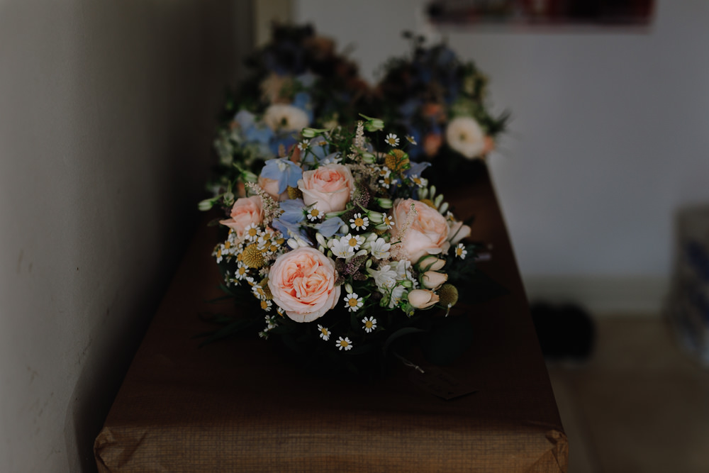 Bouquet Flowers Bride Bridal Pink Blue Rose Daisy Boho Festival Wedding Matt Bowen Photography