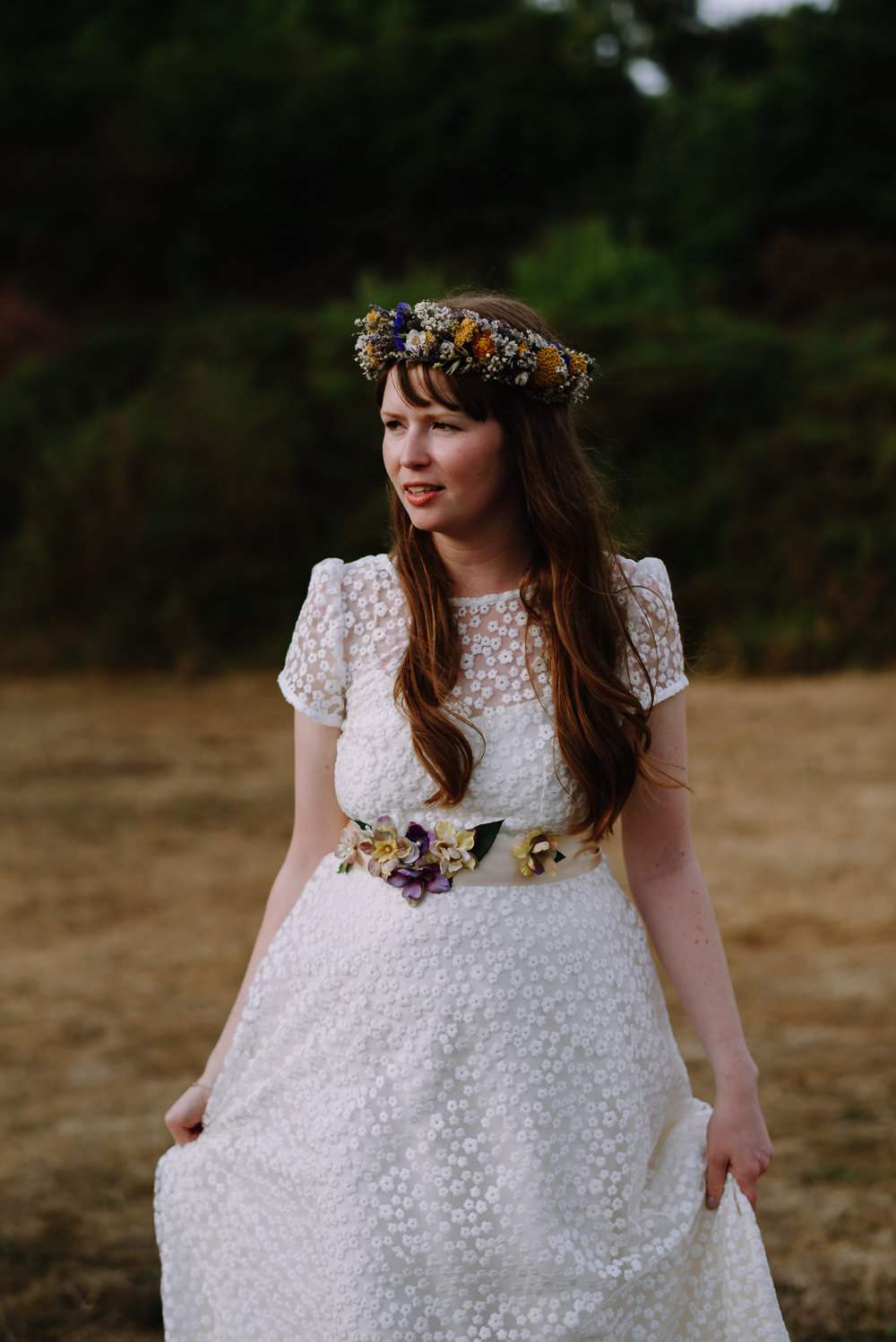 Bride Bridal Dress Gown E & W Couture Lace Sleeves Train Floral Belt Boho Festival Wedding Matt Bowen Photography