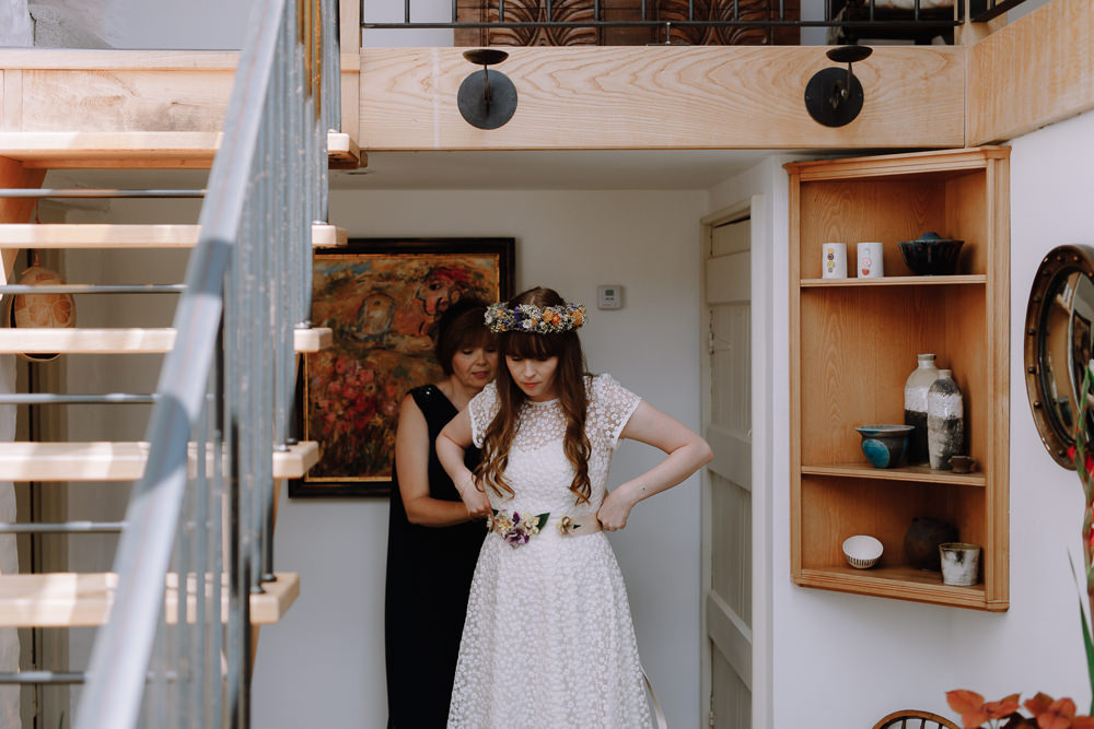 Bride Bridal Dress Gown E & W Couture Lace Sleeves Train Floral Belt Boho Festival Wedding Matt Bowen Photography