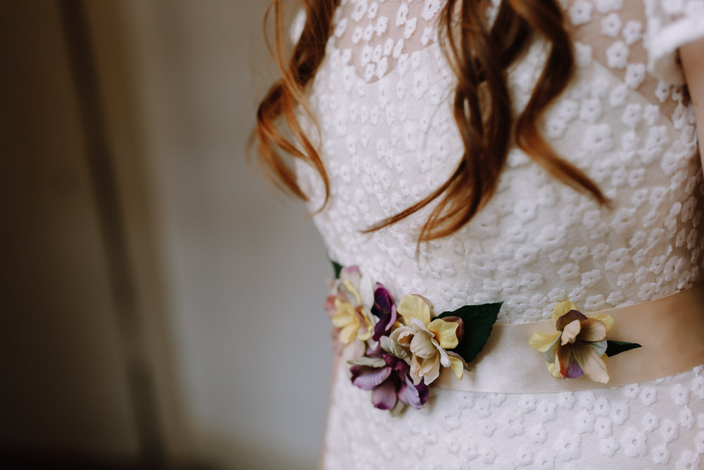 Bride Bridal Dress Gown E & W Couture Lace Sleeves Train Floral Belt Boho Festival Wedding Matt Bowen Photography