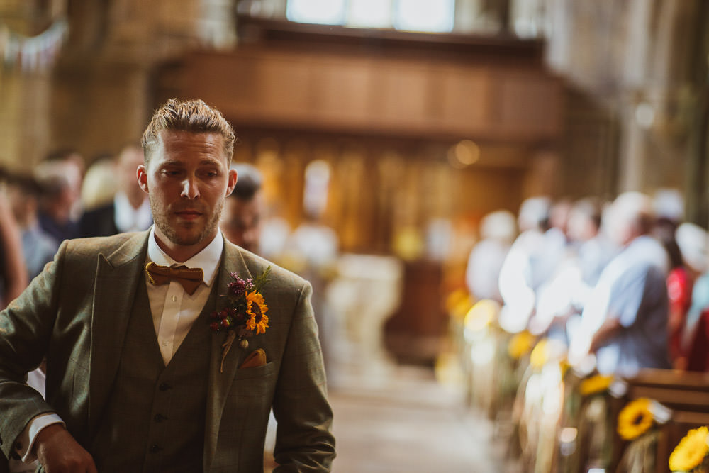 Groom Suit Tweed Knitted Bow Tie Sunflower Buttonhole Cannon Hall Wedding Neil Jackson Photographic