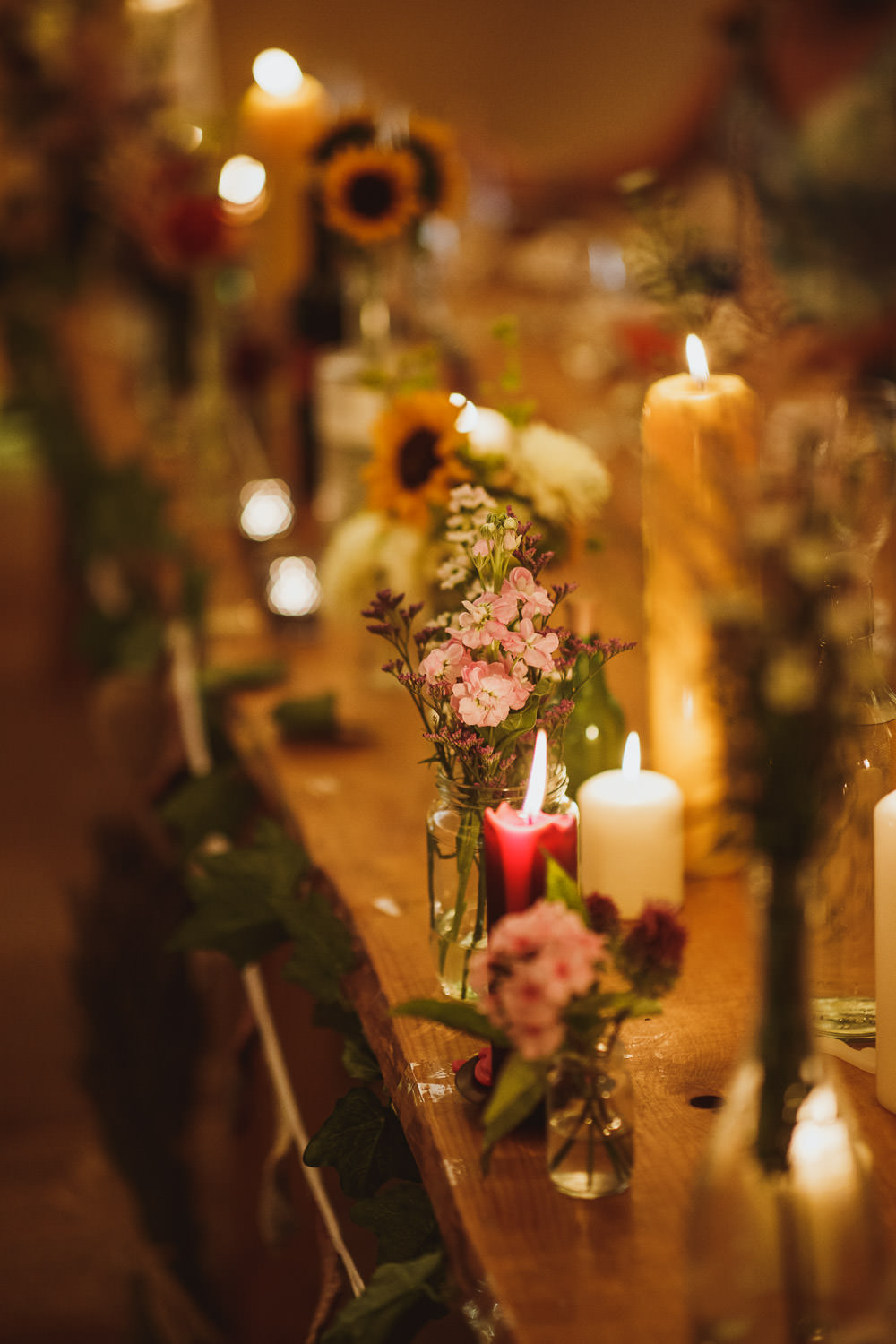 Candles Flowers Table Decor Evening Cannon Hall Wedding Neil Jackson Photographic