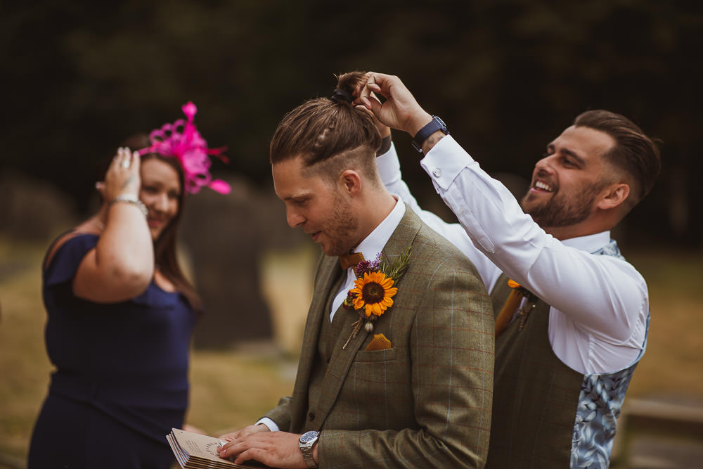 Groom Suit Tweed Knitted Bow Tie Sunflower Buttonhole Cannon Hall Wedding Neil Jackson Photographic