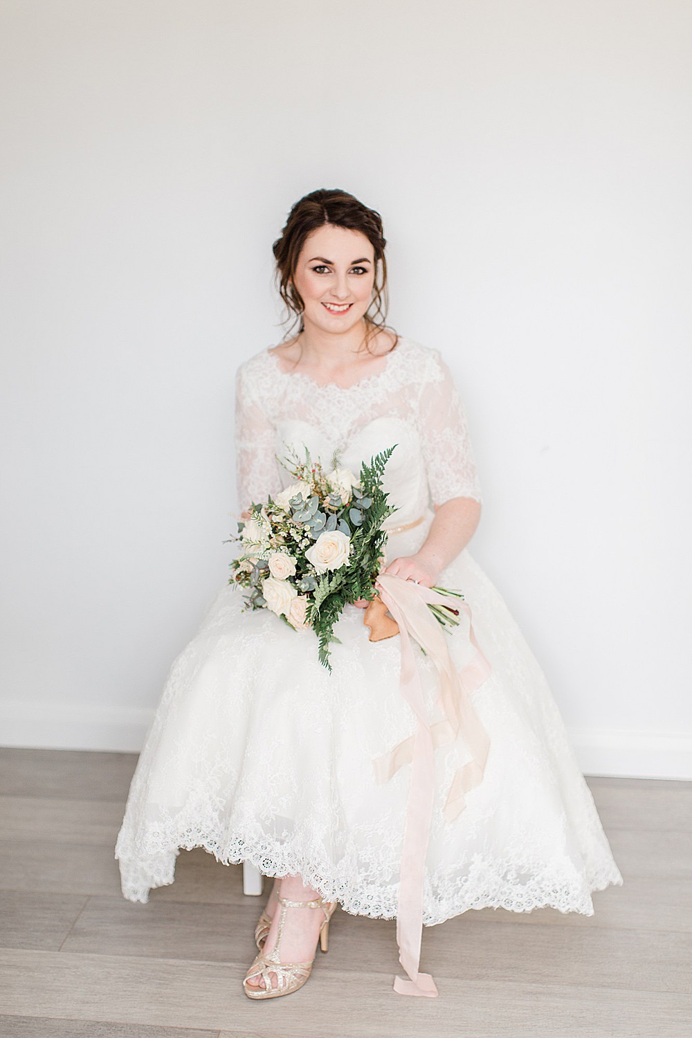 Dress Gown Bride Bridal Lace Tea Length Short Sleeves Button Back Chiltern Open Air Museum Wedding Terri & Lori Fine Art Photography