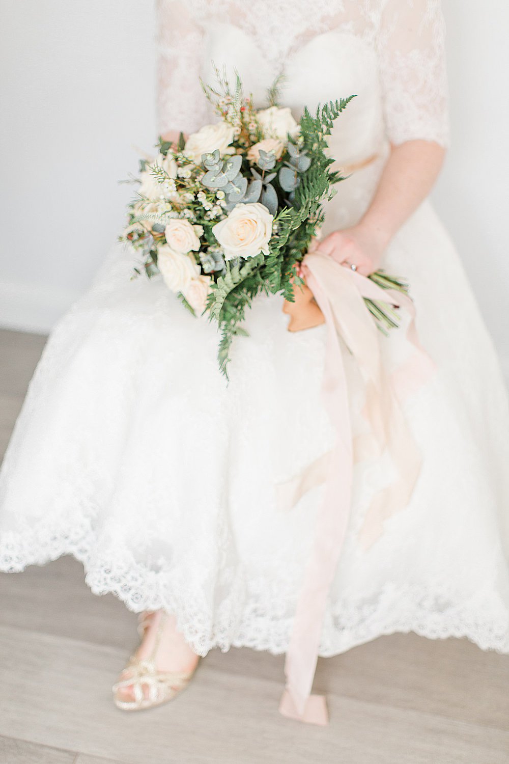 Bouquet Flowers Bride Bridal Silk Ribbon Blush Pink Peach Rose Eucalyptus Fern Chiltern Open Air Museum Wedding Terri & Lori Fine Art Photography