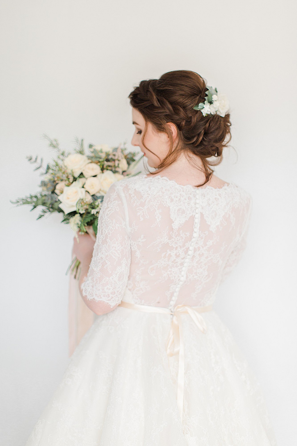 Dress Gown Bride Bridal Lace Tea Length Short Sleeves Button Back Chiltern Open Air Museum Wedding Terri & Lori Fine Art Photography