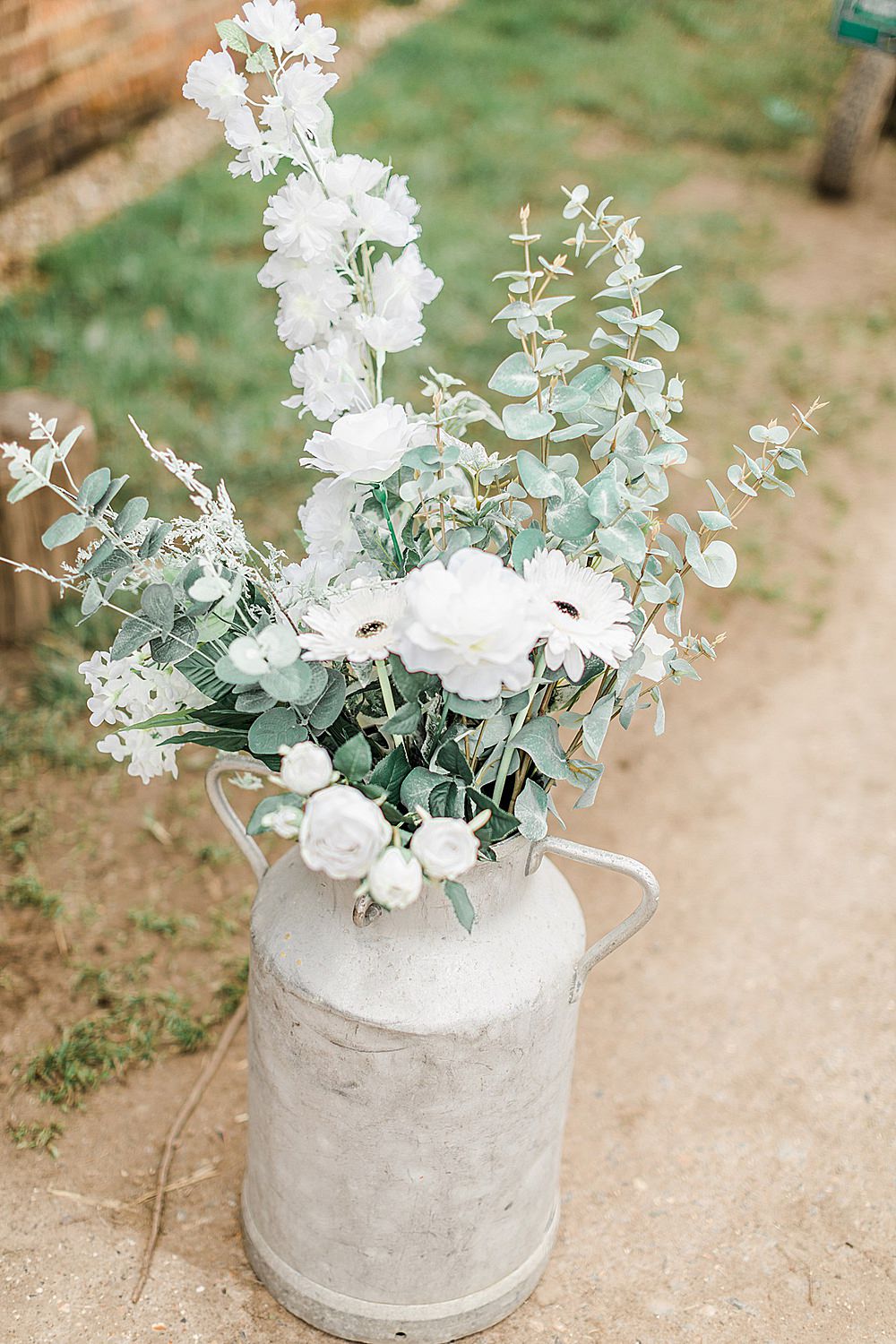 Milk Churn Flowers White Gerbera Eucalyptus Chiltern Open Air Museum Wedding Terri & Lori Fine Art Photography