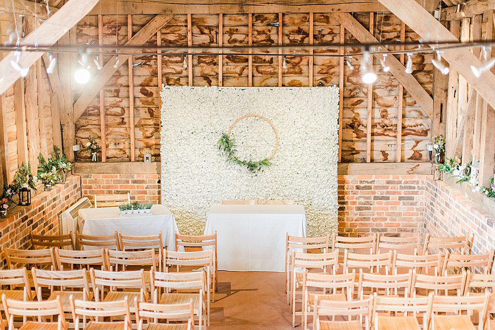 Barn Ceremony Room Decor Flower Wall Backdrop Hoop Greenery Chiltern Open Air Museum Wedding Terri & Lori Fine Art Photography