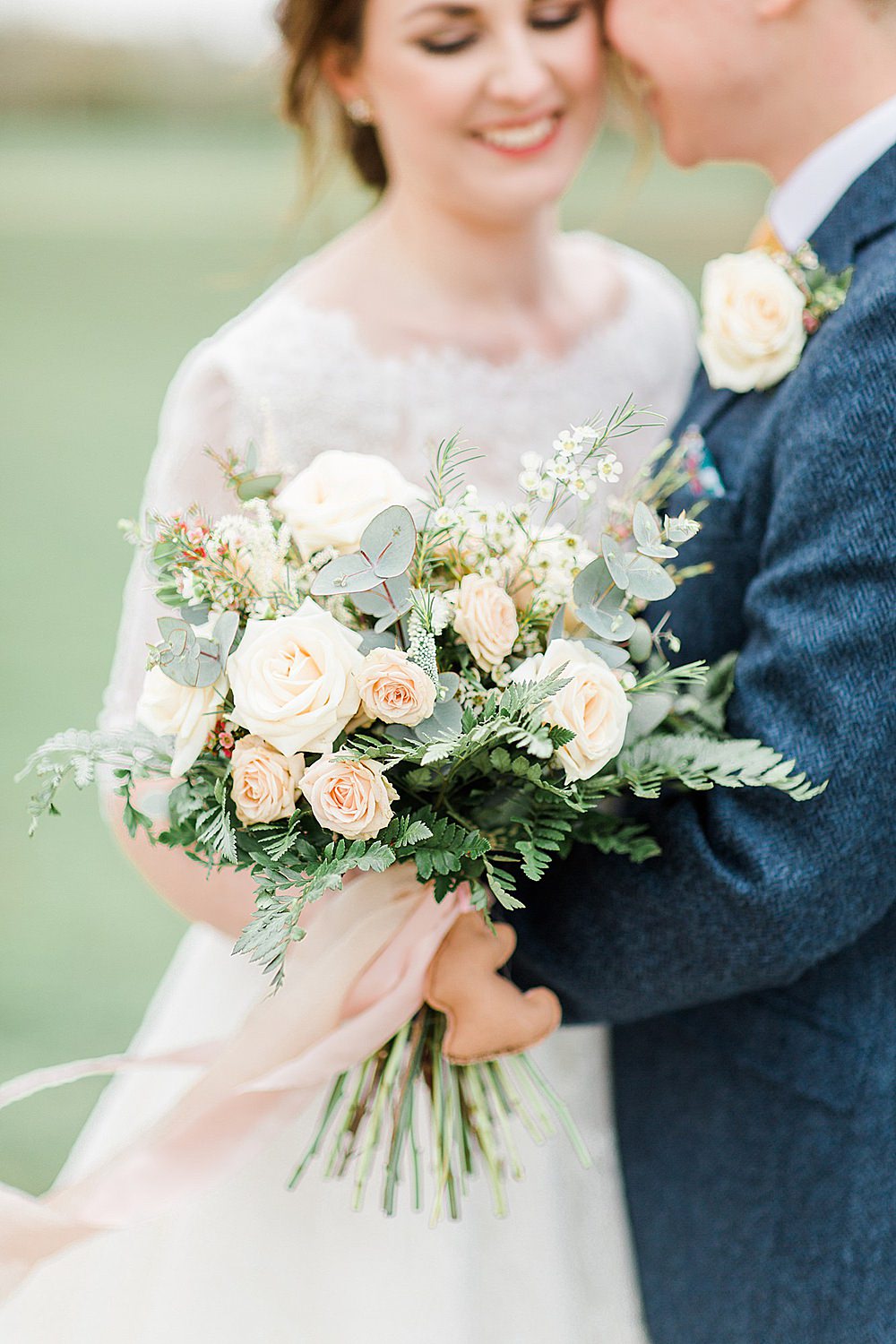 Bouquet Flowers Bride Bridal Silk Ribbon Blush Pink Peach Rose Eucalyptus Fern Chiltern Open Air Museum Wedding Terri & Lori Fine Art Photography
