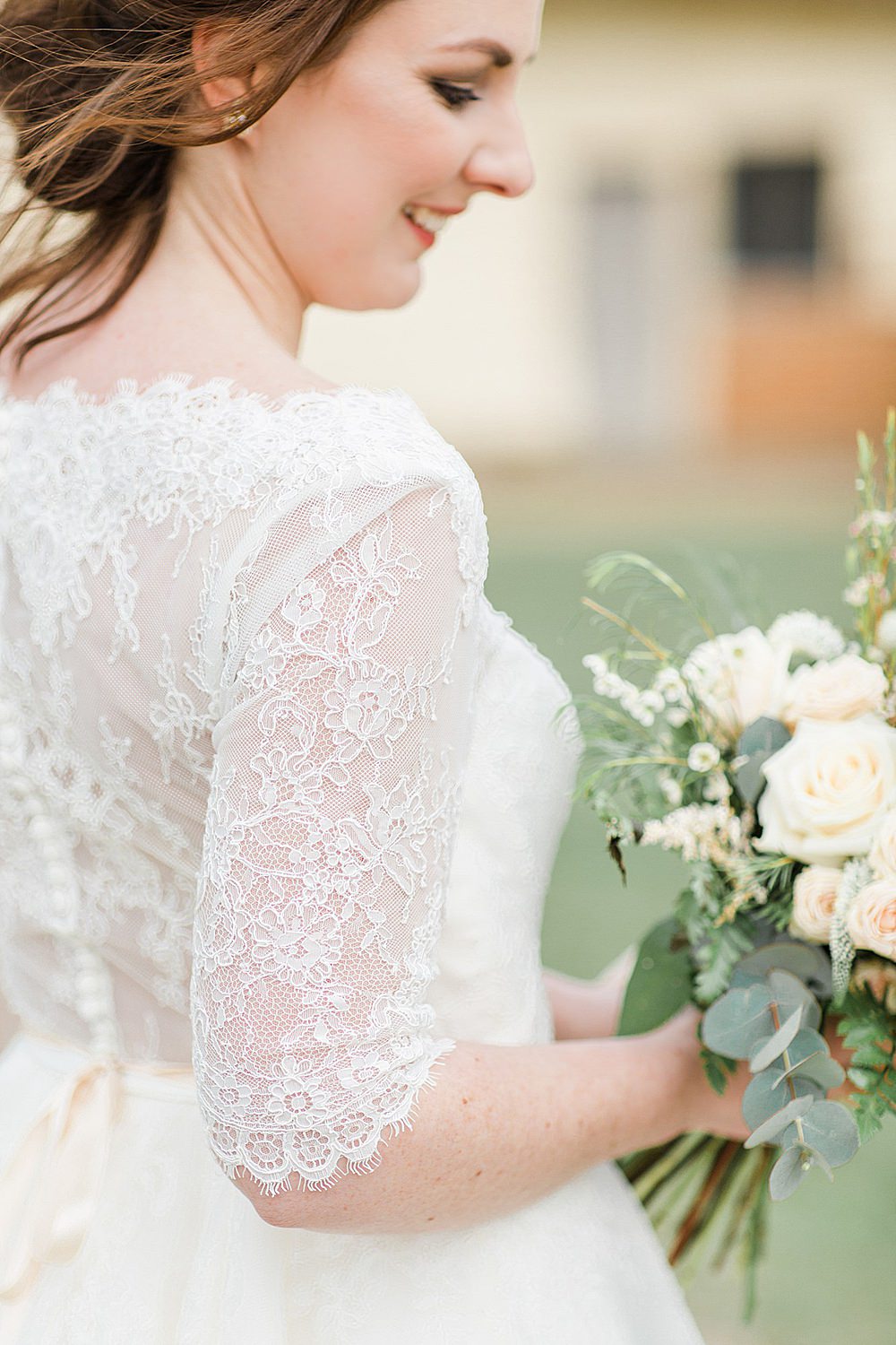 Dress Gown Bride Bridal Lace Tea Length Short Sleeves Button Back Chiltern Open Air Museum Wedding Terri & Lori Fine Art Photography
