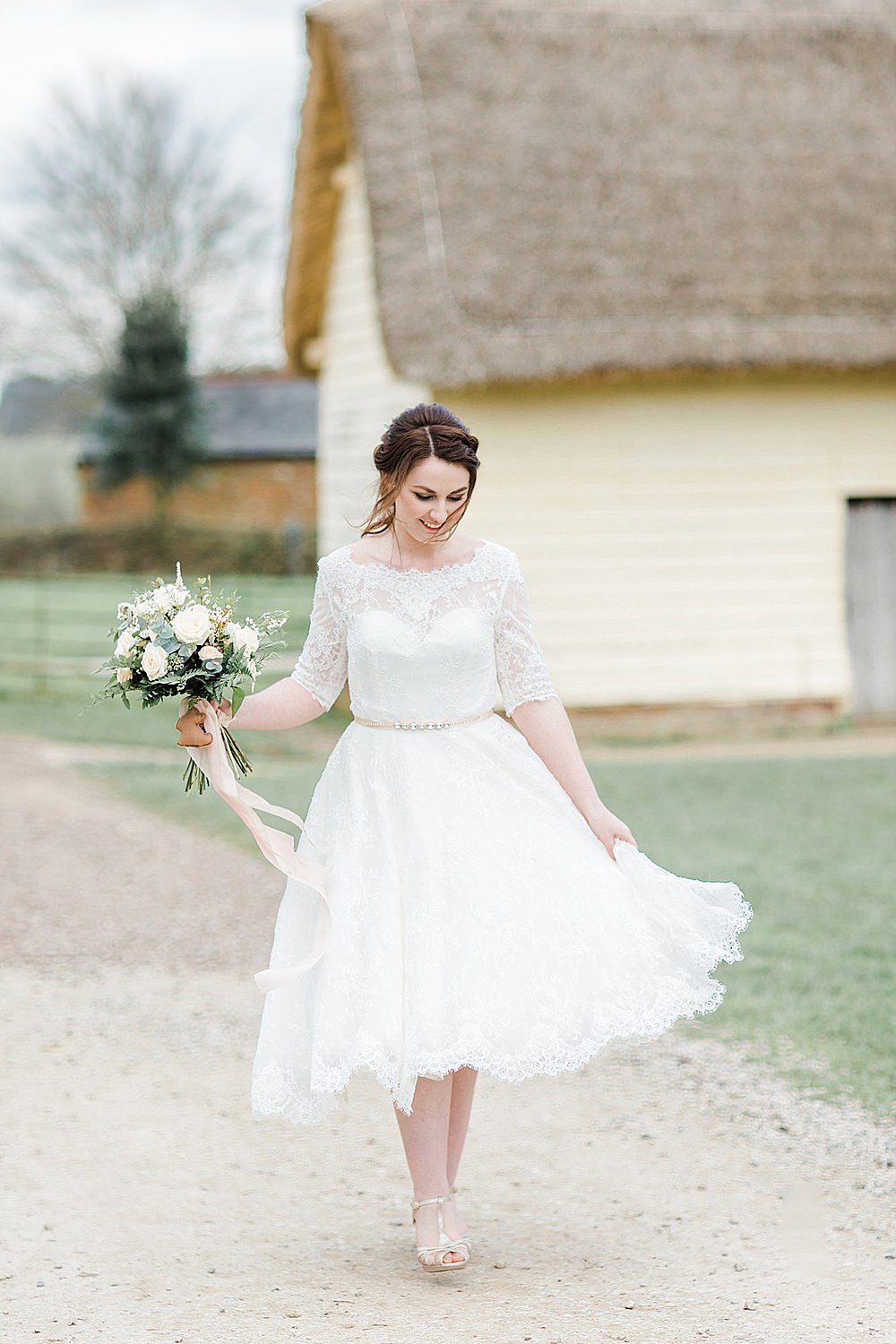 Dress Gown Bride Bridal Lace Tea Length Short Sleeves Button Back Chiltern Open Air Museum Wedding Terri & Lori Fine Art Photography