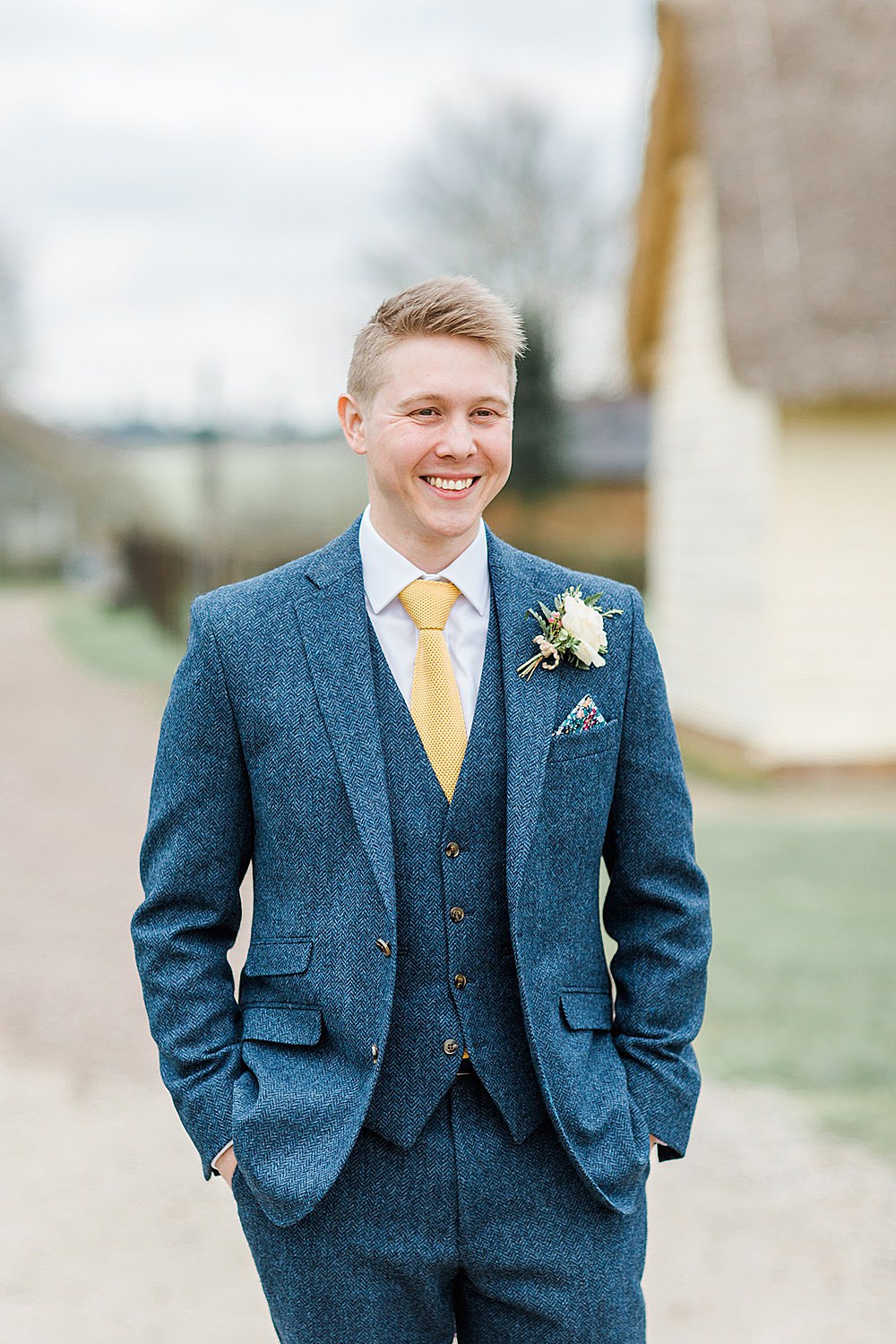 Groom Blue Suit Yellow Tie Tweed Chiltern Open Air Museum Wedding Terri & Lori Fine Art Photography