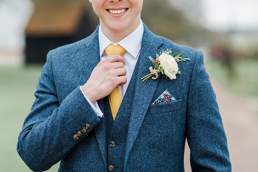 Groom Blue Suit Yellow Tie Tweed Buttonhole Flowers Chiltern Open Air Museum Wedding Terri & Lori Fine Art Photography