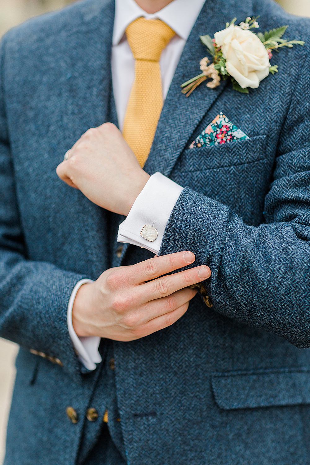 Groom Blue Suit Yellow Tie Herringbone Tweed Cufflinks Chiltern Open Air Museum Wedding Terri & Lori Fine Art Photography