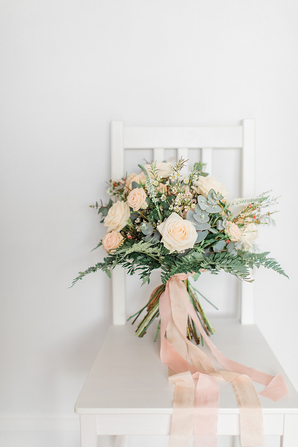 Bouquet Flowers Bride Bridal Silk Ribbon Blush Pink Peach Rose Eucalyptus Fern Chiltern Open Air Museum Wedding Terri & Lori Fine Art Photography