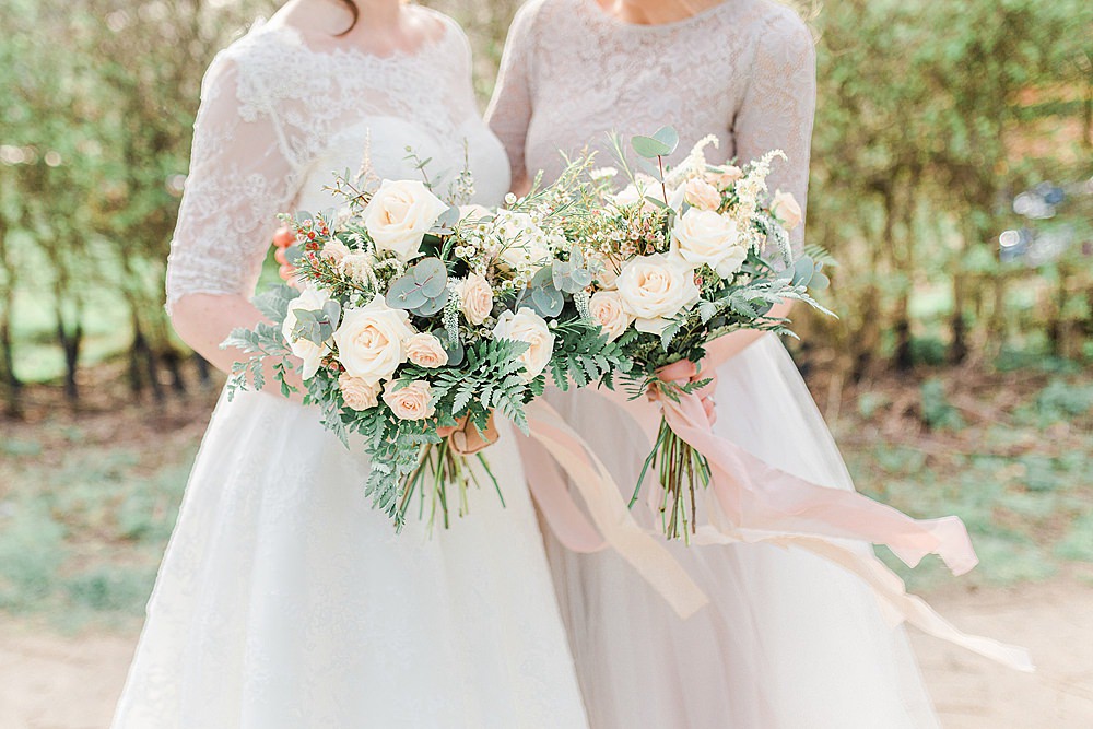 Bouquet Flowers Bride Bridal Silk Ribbon Blush Pink Peach Rose Eucalyptus Fern Bridesmaid Chiltern Open Air Museum Wedding Terri & Lori Fine Art Photography