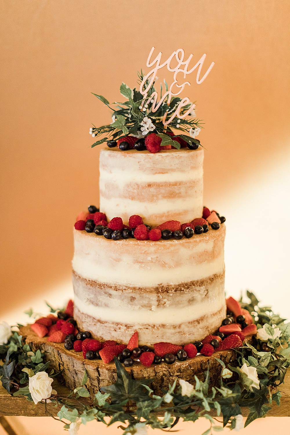Semi Naked Cake Fruit Topper Log Stand Chiltern Open Air Museum Wedding Terri & Lori Fine Art Photography