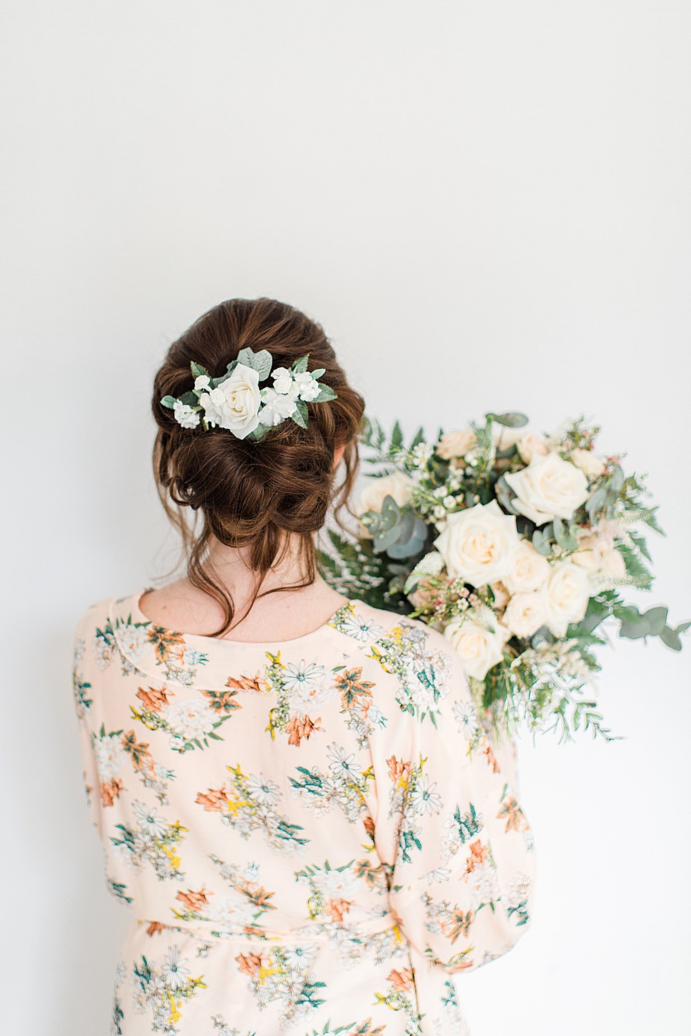 Bouquet Flowers Bride Bridal Silk Ribbon Blush Pink Peach Rose Eucalyptus Fern Dressing Gown Robe Floral Chiltern Open Air Museum Wedding Terri & Lori Fine Art Photography