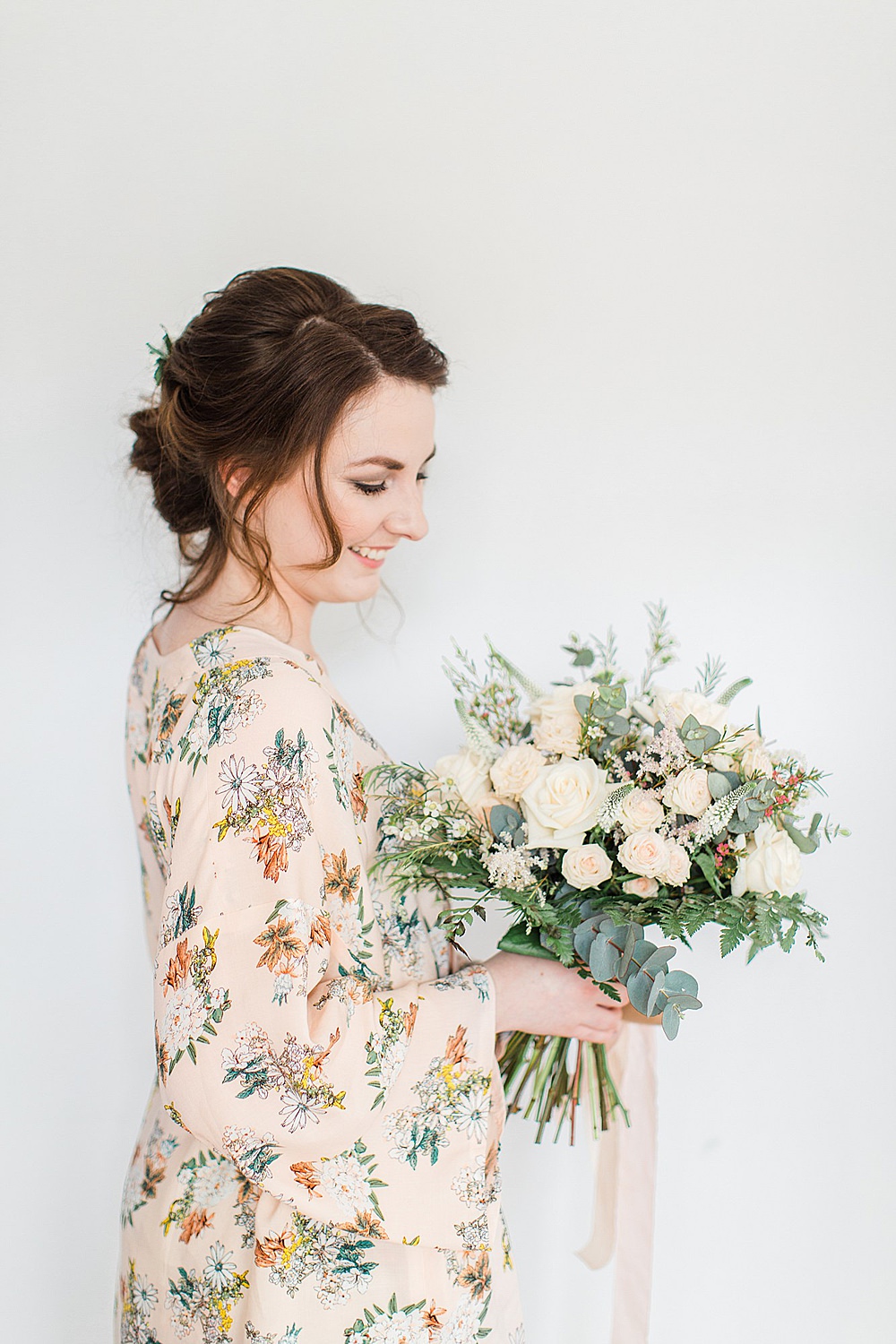 Bouquet Flowers Bride Bridal Silk Ribbon Blush Pink Peach Rose Eucalyptus Fern Dressing Gown Robe Floral Chiltern Open Air Museum Wedding Terri & Lori Fine Art Photography