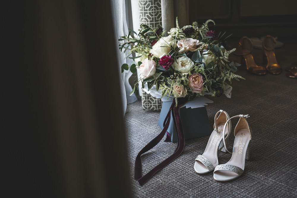 Red Cream Rose Greenery Foliage Bride Bridal Ribbons Christmas Wedding Gareth Newstead Photography