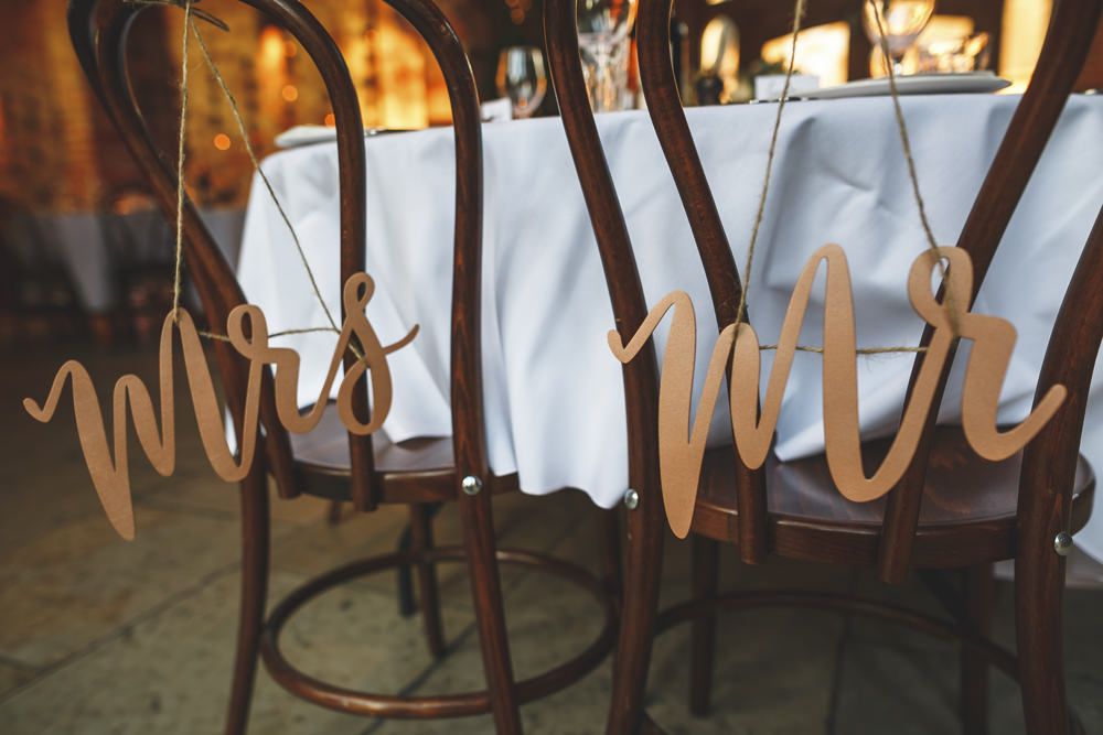 Copper Mr Mrs Sign Chair Christmas Wedding Gareth Newstead Photography