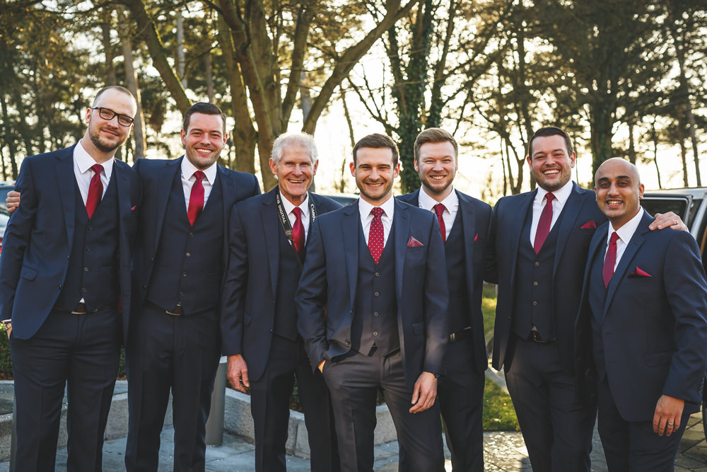 Groom Suit Groomsmen Navy Red Ties Christmas Wedding Gareth Newstead Photography