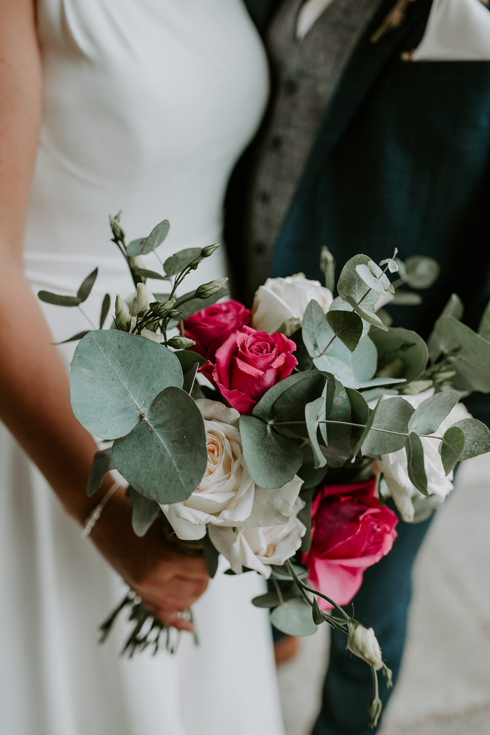 Bride Bridal Bouquet Flowers Greenery Foliage Red Rose City Cathedral Country Marquee Wedding Siobhan Beales Photography