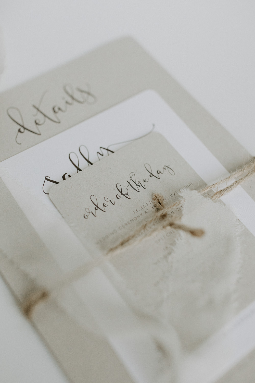 Stationery Invites Invitations Calligraphy Grey Twine Silk Ribbon City Cathedral Country Marquee Wedding Siobhan Beales Photography