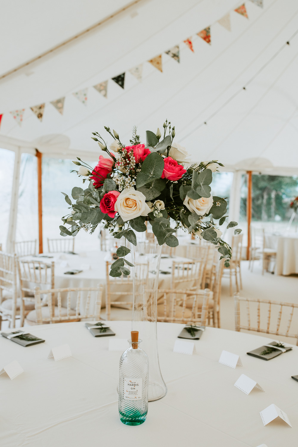 Table Centrepiece Tall Flowers Greenery Foliage Red Rose City Cathedral Country Marquee Wedding Siobhan Beales Photography