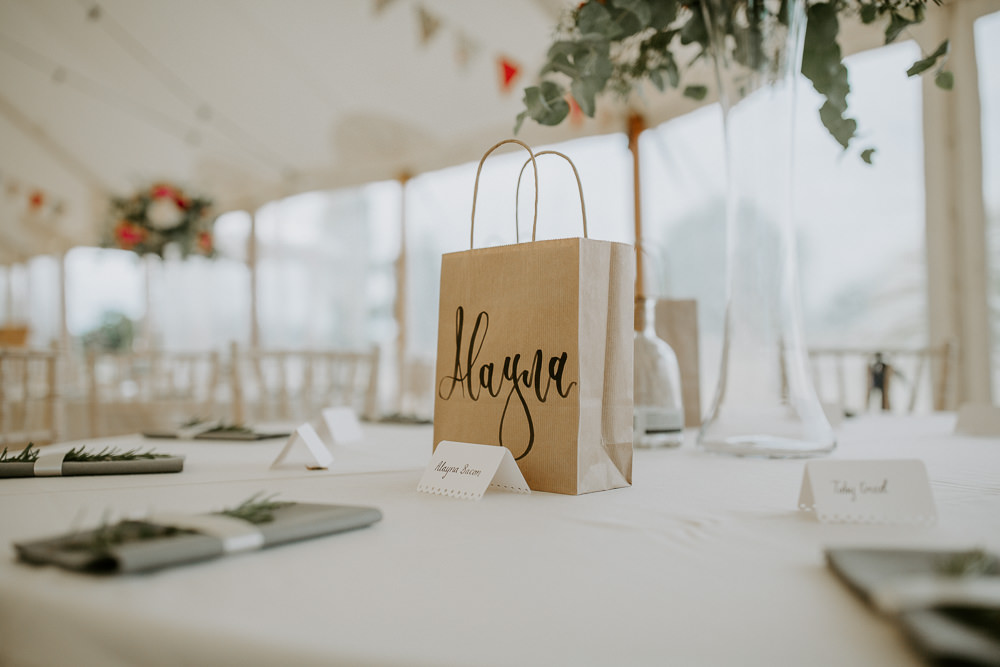 Paper Bag Calligraphy Favours City Cathedral Country Marquee Wedding Siobhan Beales Photography