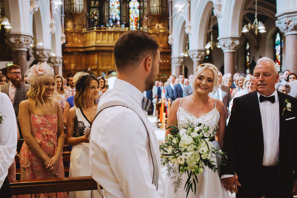 Bride Bridal Dress Strappy Gold Belt Bow Tie Braces Groom Bouquet Stocks Roses Drenagh House Estate Wedding Monochrome Honey and the Moon Photography