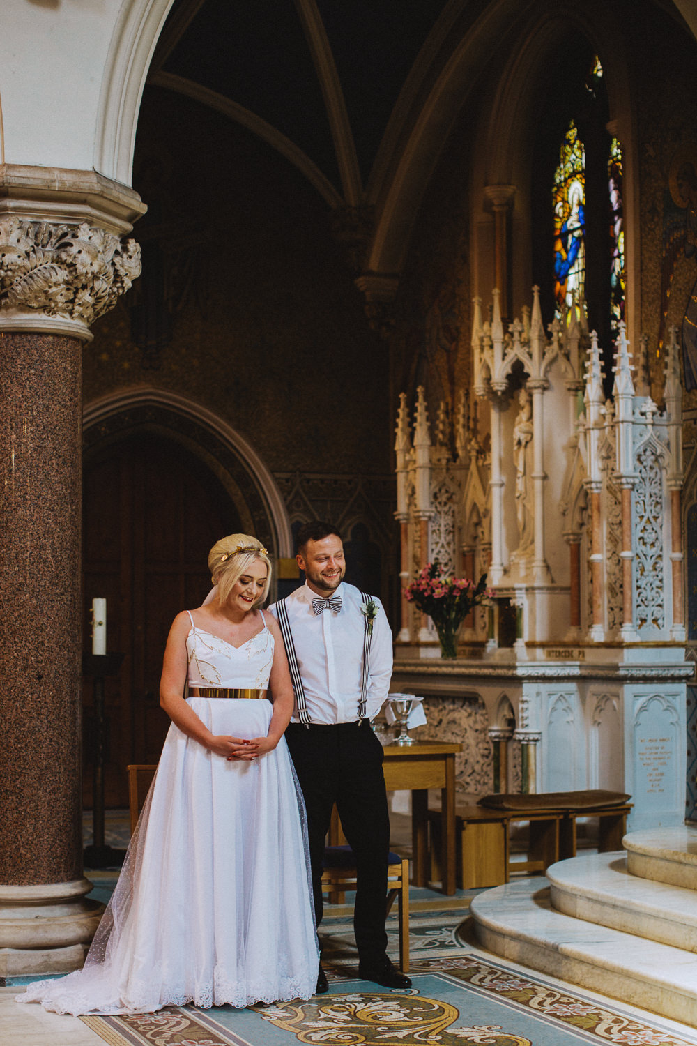 Bride Bridal Dress Strappy Gold Belt Bow Tie Braces Groom Drenagh House Estate Wedding Monochrome Honey and the Moon Photography