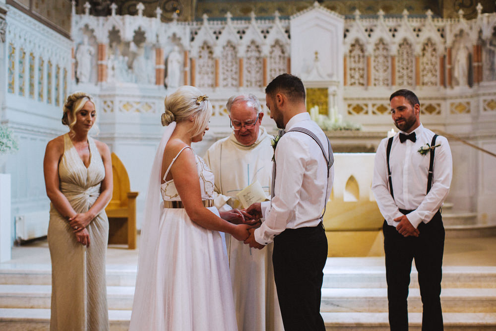 Bride Bridal Dress Strappy Gold Belt Bow Tie Braces Groom Gold Dress Bridesmaid Drenagh House Estate Wedding Monochrome Honey and the Moon Photography