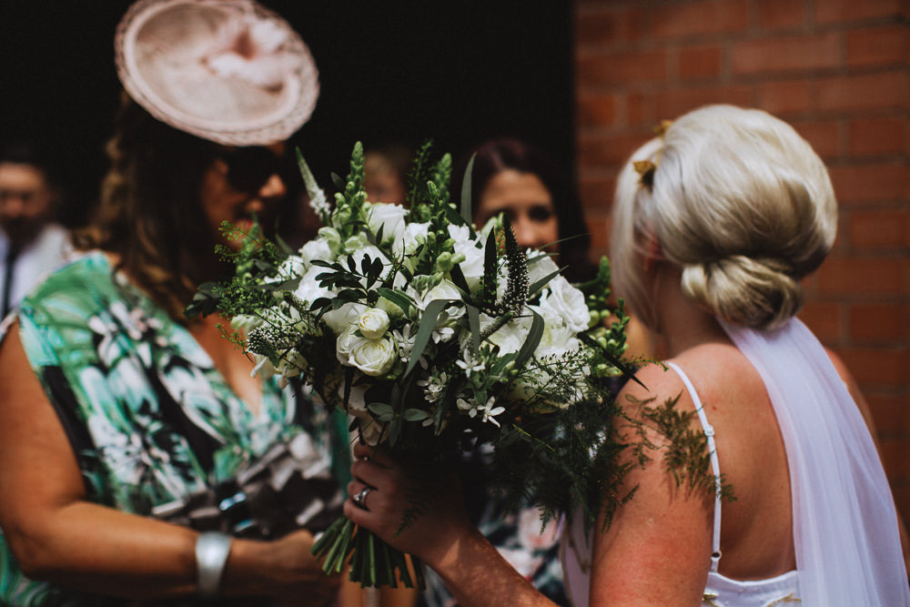 Bride Bridal Dress Strappy Veil White Stocks Roses Bouquet Drenagh House Estate Wedding Monochrome Honey and the Moon Photography