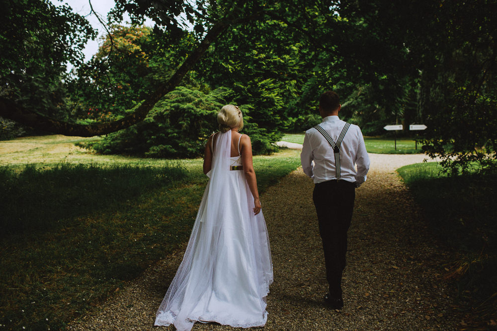 Bride Bridal Dress Strappy Gold Belt Bow Tie Braces Groom Veil Drenagh House Estate Wedding Monochrome Honey and the Moon Photography