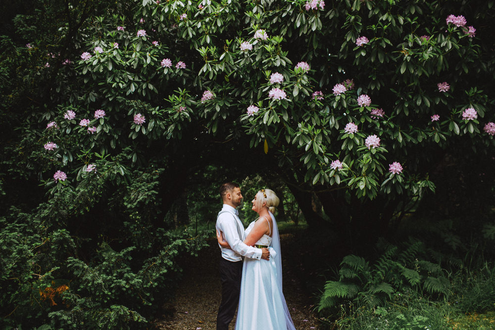 Bride Bridal Dress Strappy Gold Belt Bow Tie Braces Groom Drenagh House Estate Wedding Monochrome Honey and the Moon Photography