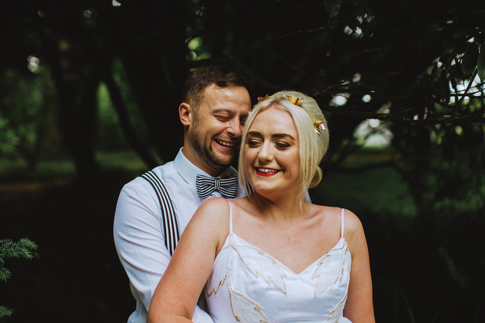 Bride Bridal Dress Strappy Gold Belt Bow Tie Braces Groom Drenagh House Estate Wedding Monochrome Honey and the Moon Photography