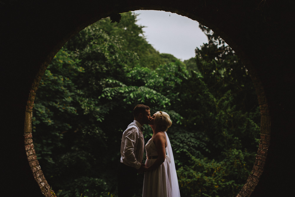 Bride Bridal Dress Strappy Gold Belt Bow Tie Braces Groom Veil Drenagh House Estate Wedding Monochrome Honey and the Moon Photography