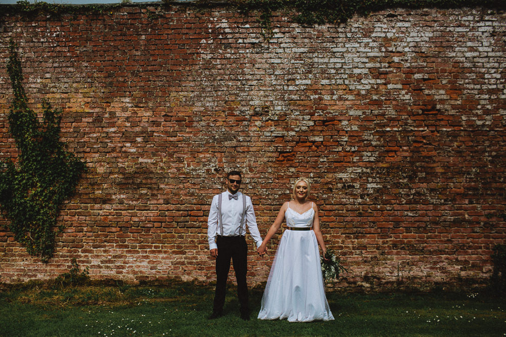 Bride Bridal Dress Strappy Gold Belt Bow Tie Braces Groom Drenagh House Estate Wedding Monochrome Honey and the Moon Photography