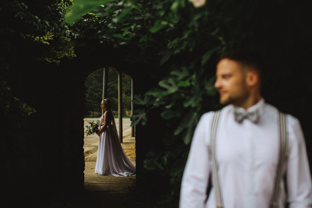 Bride Bridal Dress Strappy Gold Belt Bow Tie Braces Groom Drenagh House Estate Wedding Monochrome Honey and the Moon Photography
