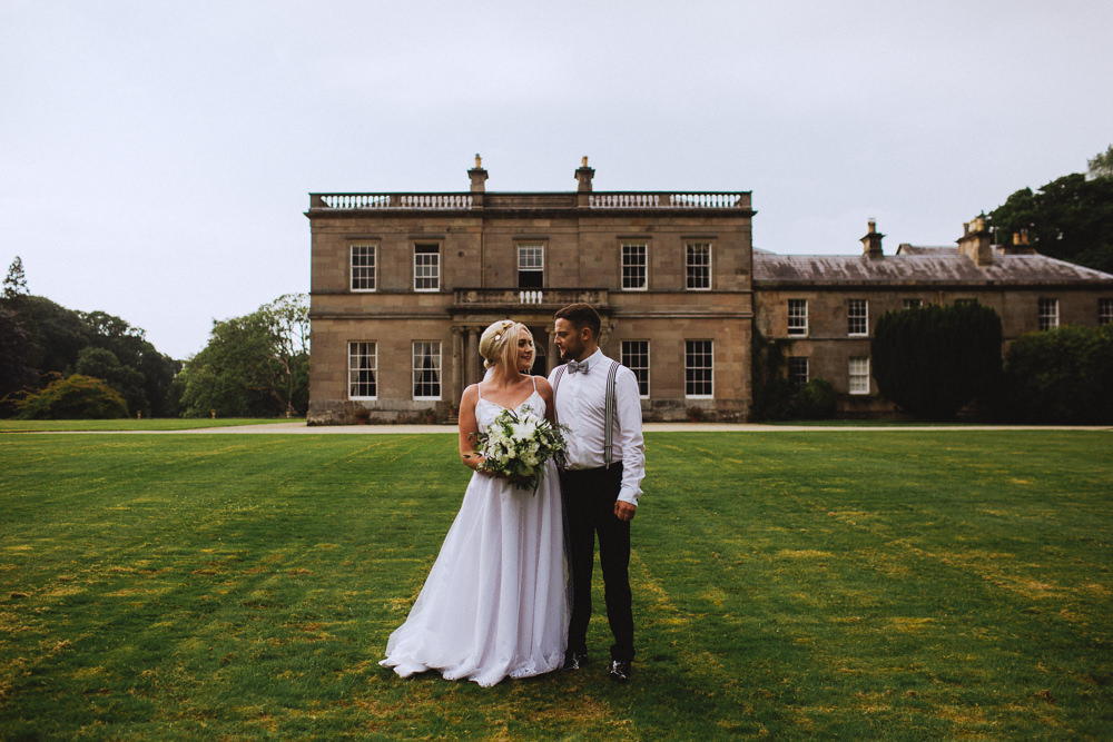 Bride Bridal Dress Strappy Gold Belt Bow Tie Braces Groom Drenagh House Estate Wedding Monochrome Honey and the Moon Photography