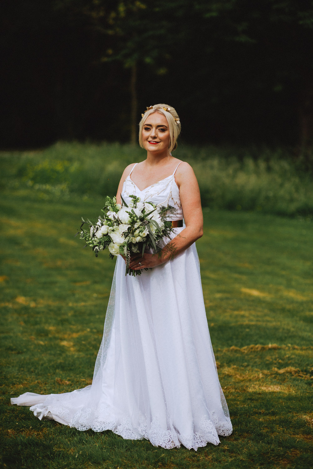 Bride Bridal Dress Strappy Gold Belt Bouquet Drenagh House Estate Wedding Monochrome Honey and the Moon Photography