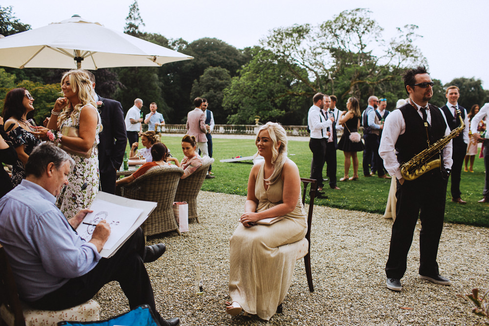Caricature Artists Gold Halterneck Bridesmaid Dress Drenagh House Estate Wedding Monochrome Honey and the Moon Photography