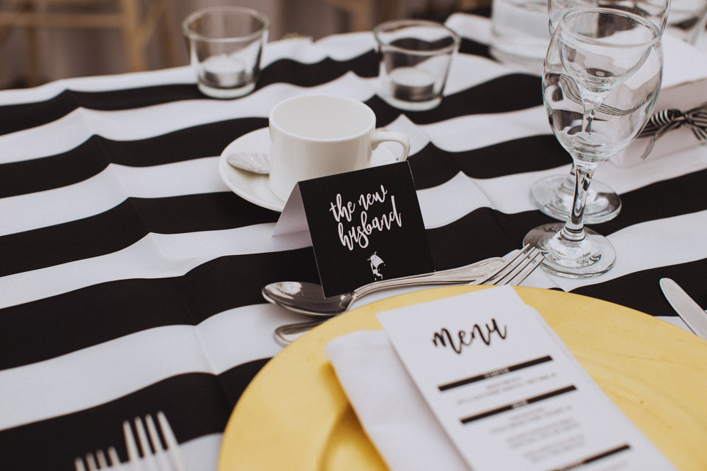 Black White Stripy Tablecloth Gold Charger Plates Drenagh House Estate Wedding Monochrome Honey and the Moon Photography