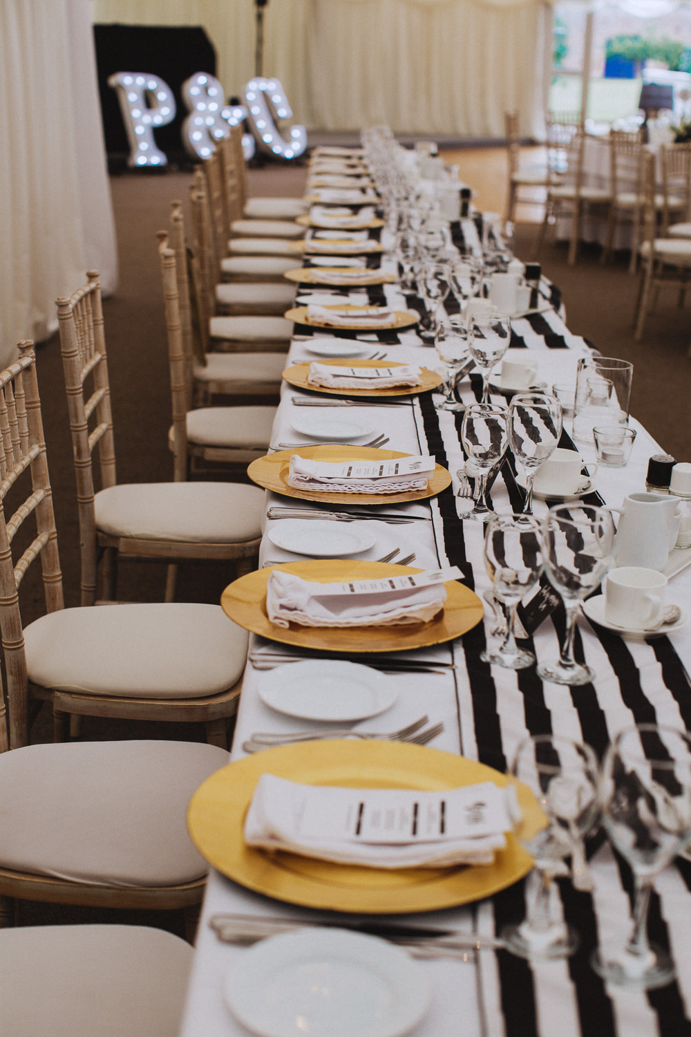 Black White Stripy Table Runner Gold Charger Plates Drenagh House Estate Wedding Monochrome Honey and the Moon Photography