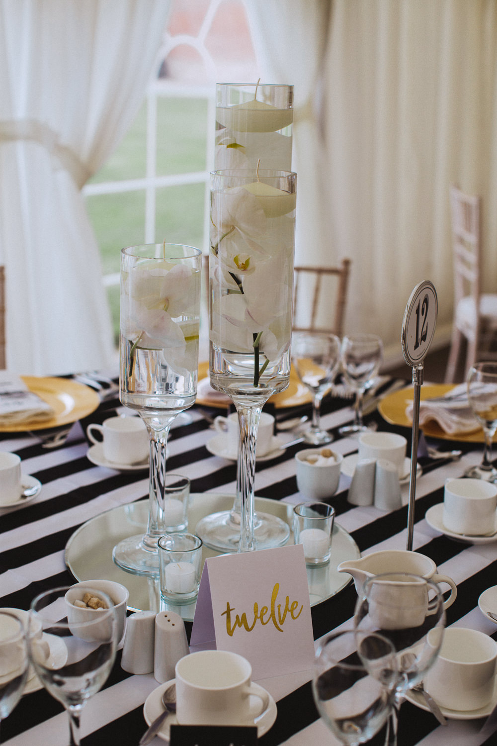 Tall Stem Vase Flowers Water Table Centre Stripy Black White Stripy Cloth Drenagh House Estate Wedding Monochrome Honey and the Moon Photography