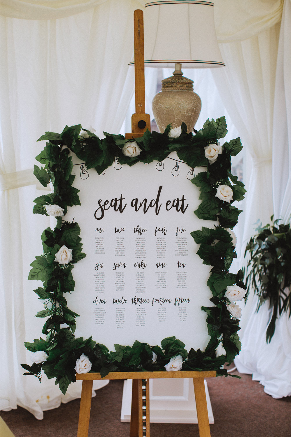 Table Plan Seating Chart Modern Calligraphy Greenery Foliage Easel Drenagh House Estate Wedding Monochrome Honey and the Moon Photography
