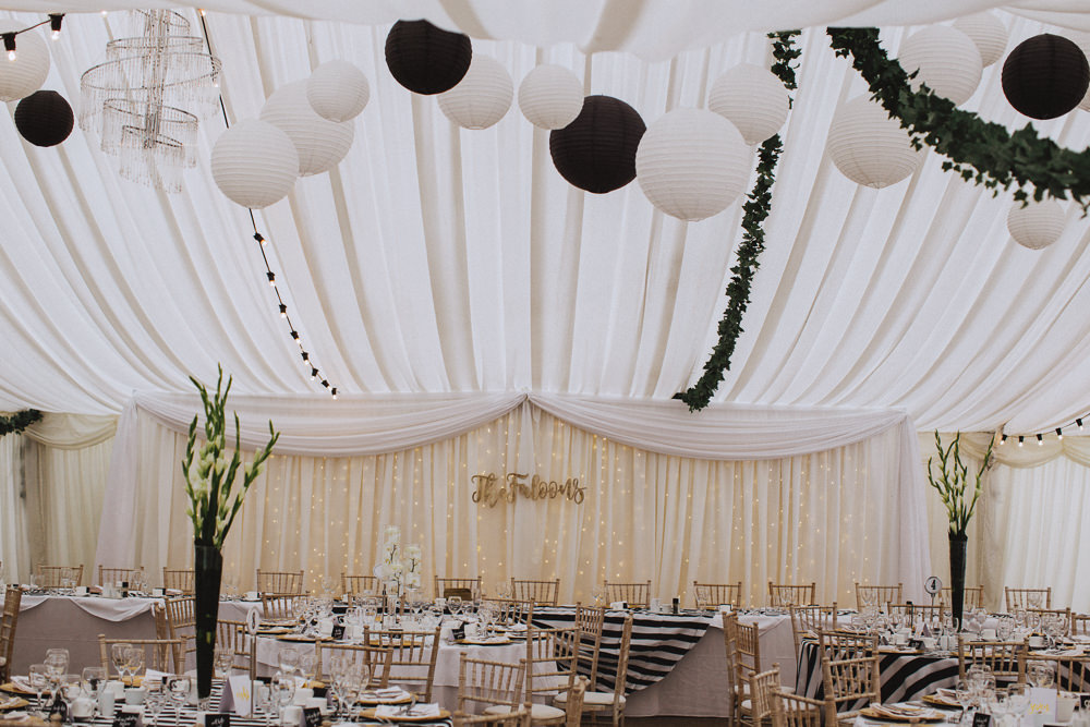 Top Table Pea Light Curtain Black White Lantern Stripy Table Cloth Drenagh House Estate Wedding Monochrome Honey and the Moon Photography